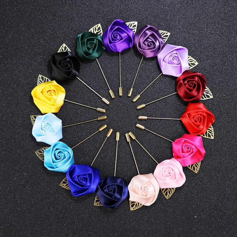 

Bridegroom Needles Best Man Boutonniere Fabric Yarn Costumes Gold Leaves Suits Mens Flower Rose Lapel Brooches Pin, 23different colors