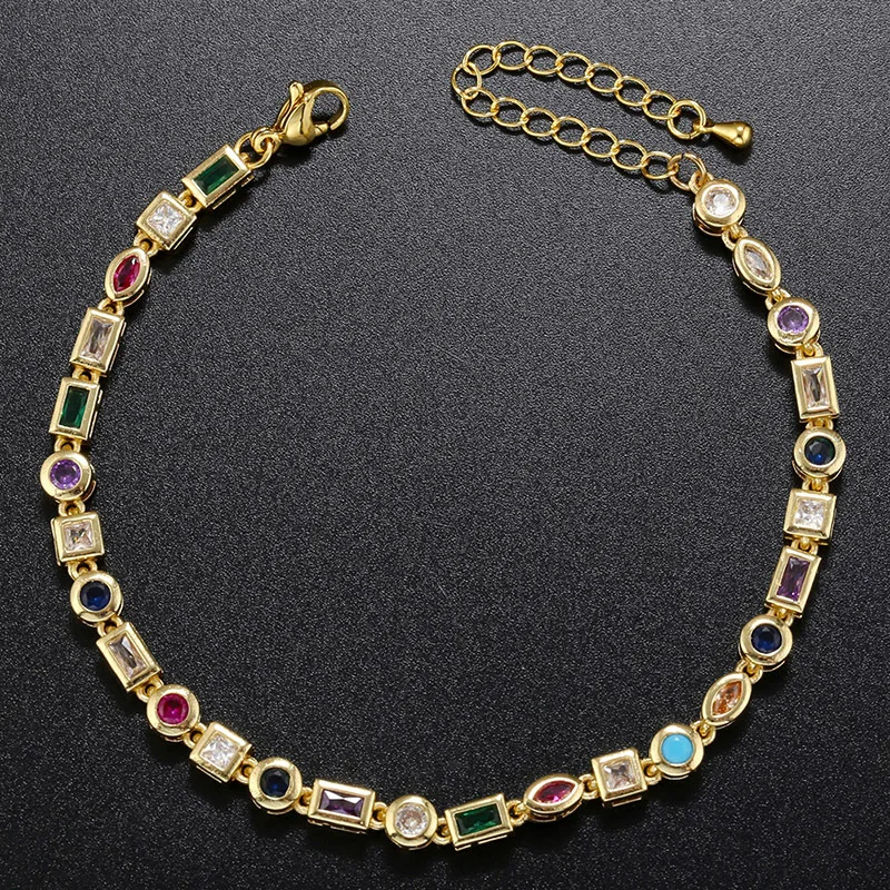 

Cubic Zirconia Charm Bracelet Iced Out Rainbow Diamond Tennis Link Bracelet 18K Gold Plated Multi Gemstone Bracelet For Women