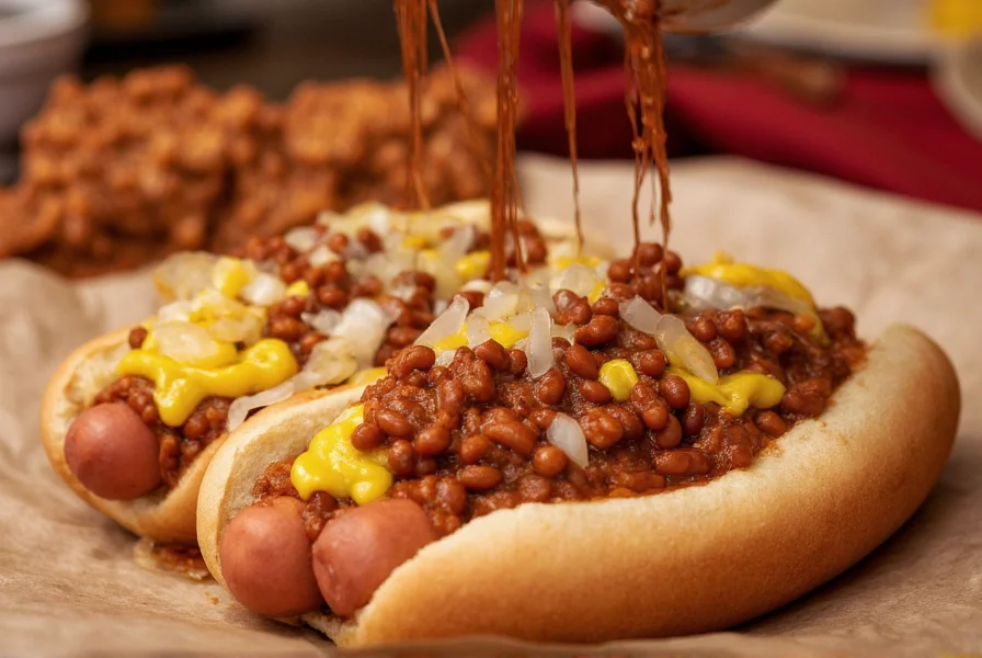 Close-up of authentic Coney Island chili being ladled over steamed hot dogs in a bun with mustard and onions