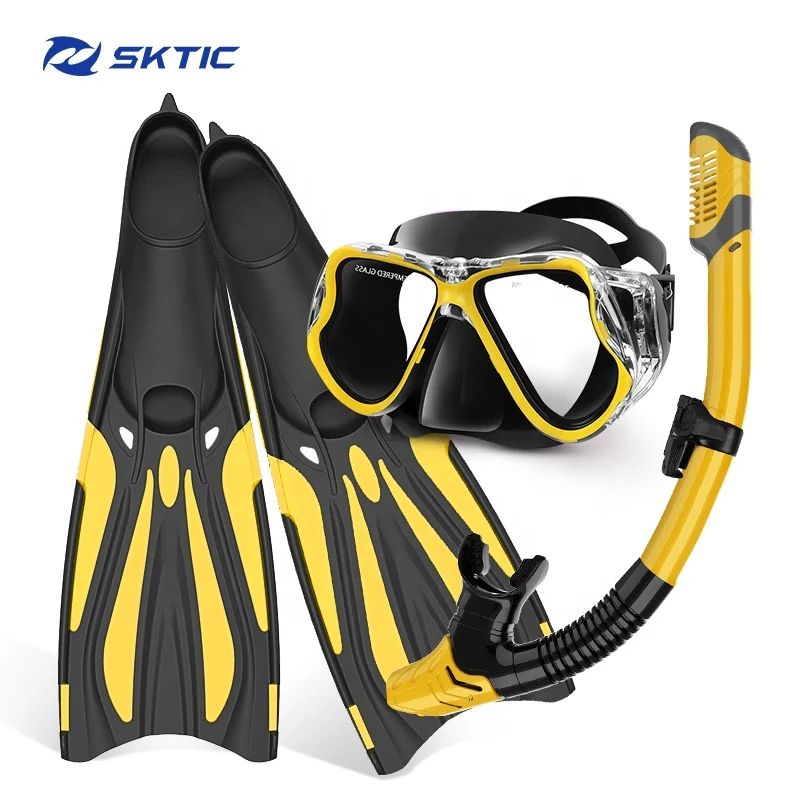 

SKTIC China Manufacturer Adult Full Face Snorkeling Mask And Long Fins Swim Fins Diving Mask Snorkeling Gear Set, Black yellow