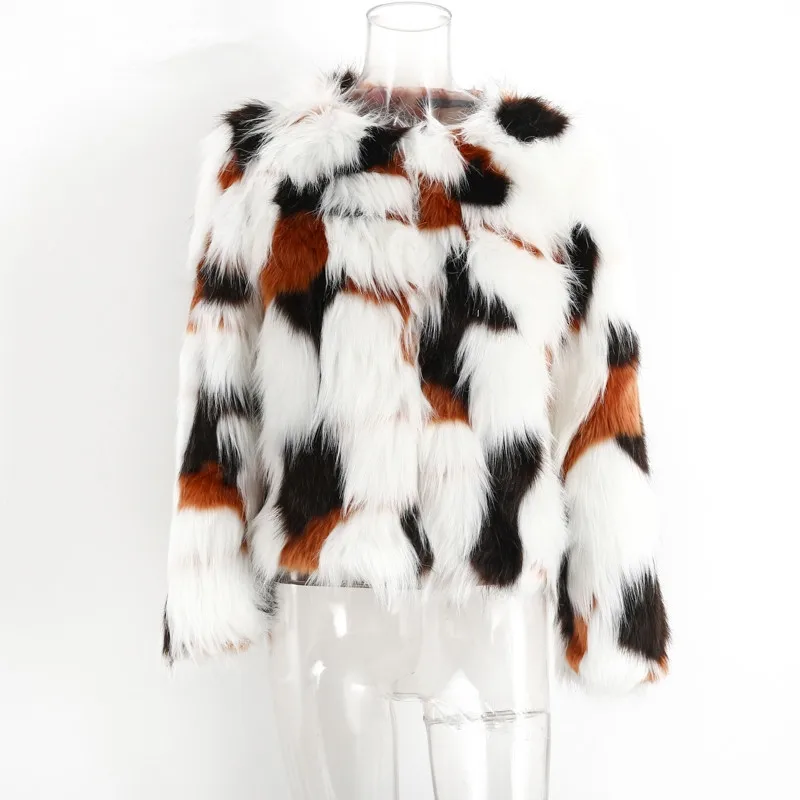 

Winter Warm Women Faux Fur Coats Ladies Short Patchwork Color Jacket Fashion Casual Furry Coat, Shown