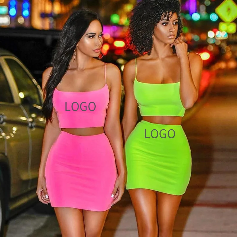 

Wholesale women clothing two piece set spaghetti strap crop top orange color sleeveless bodycon ladies dress neon clothing