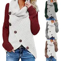 

Chunky Women Button Sweater Turtle Cowl Neck Hem Wrap Colorful Sleeve Pullover Sweaters Women Sweater 2019