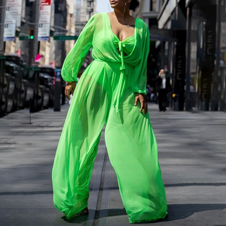 

Sexy Loose Clothing Long Sleeve See Through Transparent Jumpsuit Plus Size Jumpsuits For Ladies -PT, Green,black,blue,pink
