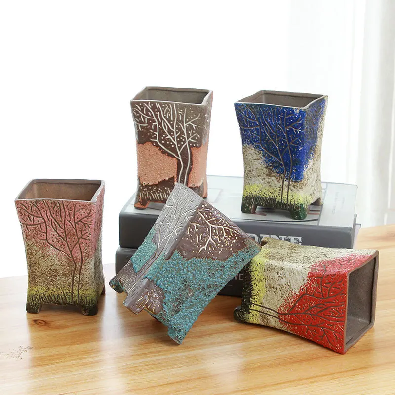 

Tree Retro Colorful Succulents Ceramic Flower Pot Square Foot Creative cheap FlowerPot, Customized color