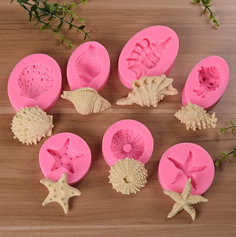 

Ocean series 7 kinds marine creatures starfish conch fondant silicone mold diy baking cake decoration mold, As picture