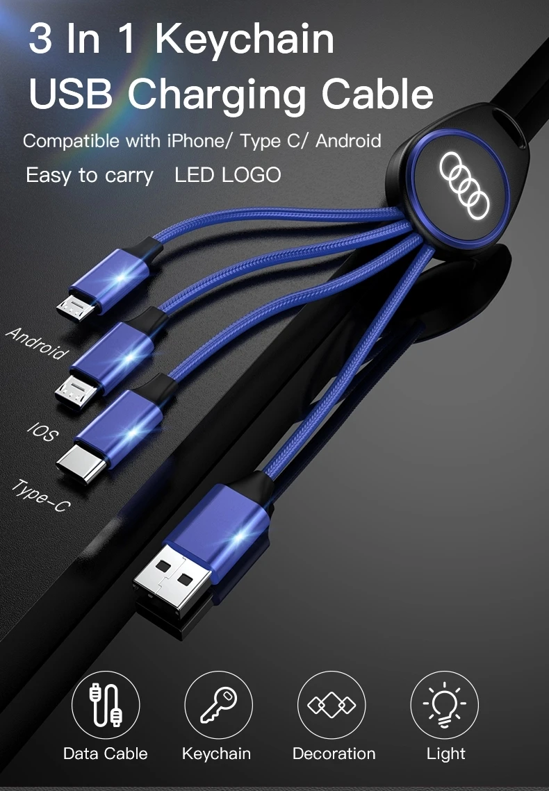 Promotion Keyring Cable, Cotton Cable,best flowing led charging cable, 3-in-1 Charging Cord Keychain,Light Up Logo 3-in-1 Cable, 3-in-1 Light Up Charging Cables