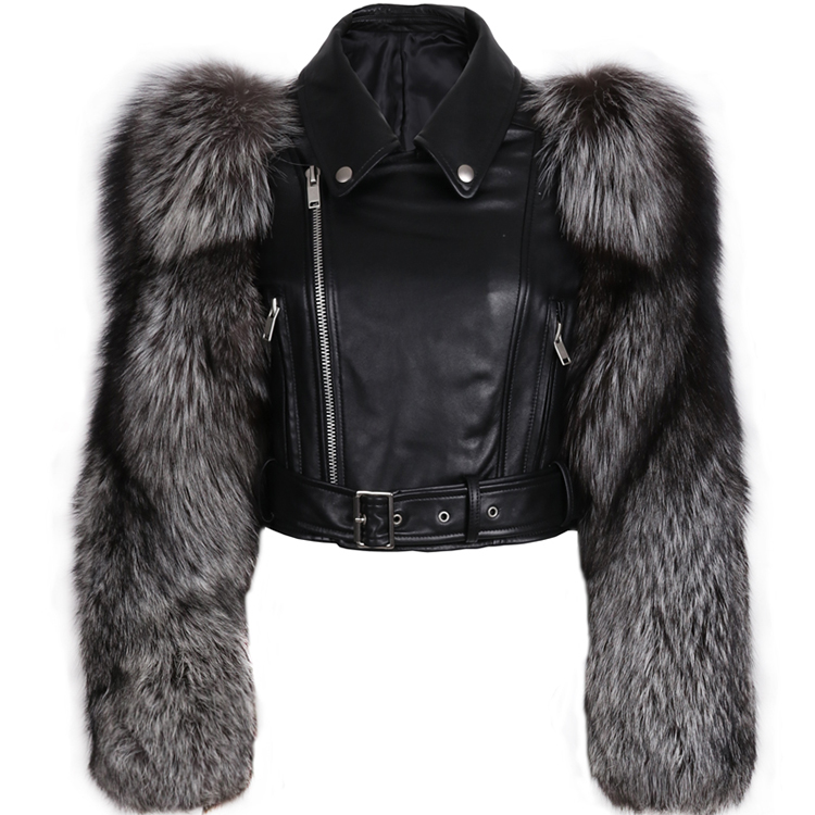 

High Quality Women Genuine Leather Jacket Real Fox Fur Sleeve Ladies Real Leather Jacket