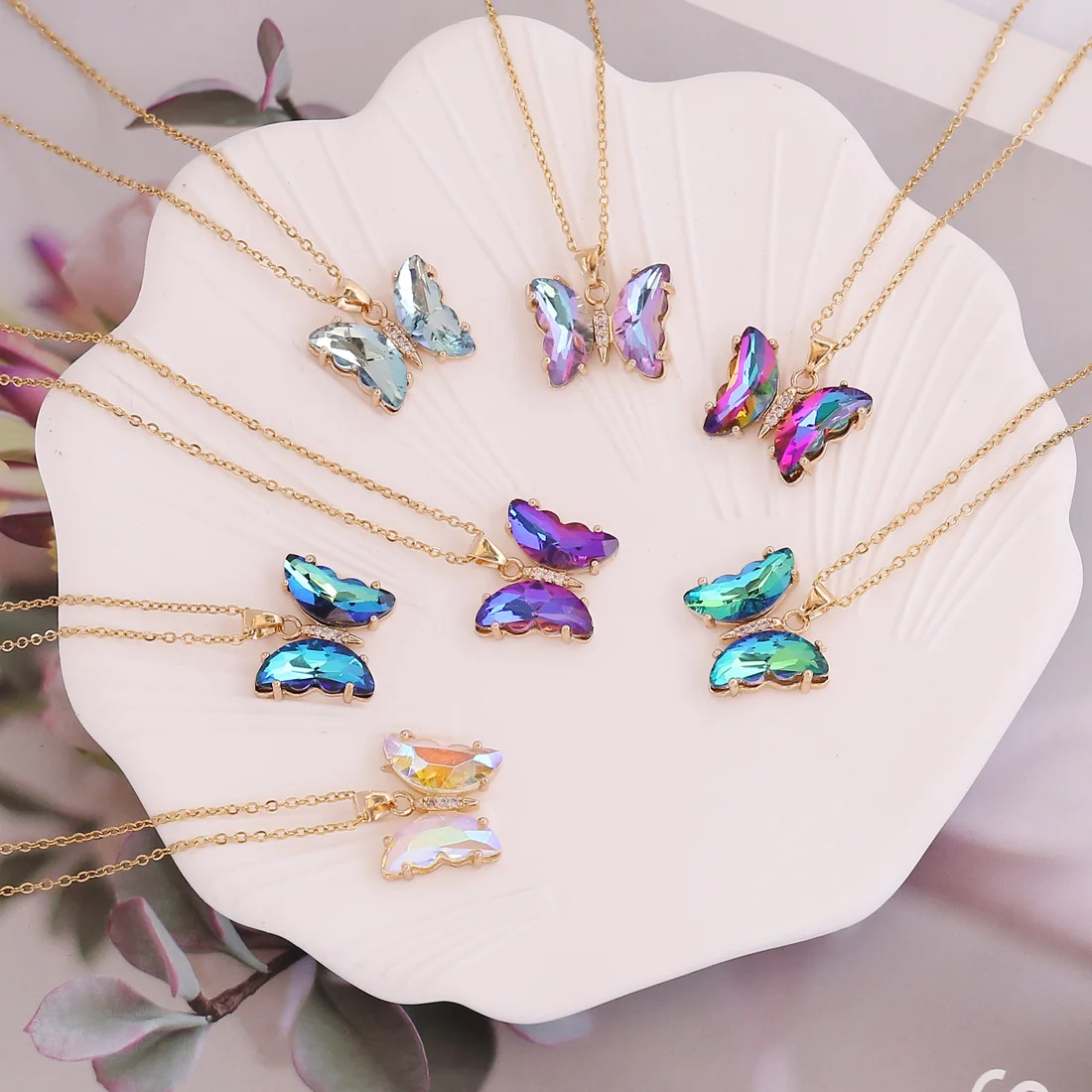 

2022 new styles 14k gold plated stainless steel gradient of color butterfly layered butterfly crystal necklaces, Picture shows