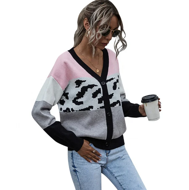 

2021 Best Selling autumn winter leopard splicing color block button up knit sweater, As picture