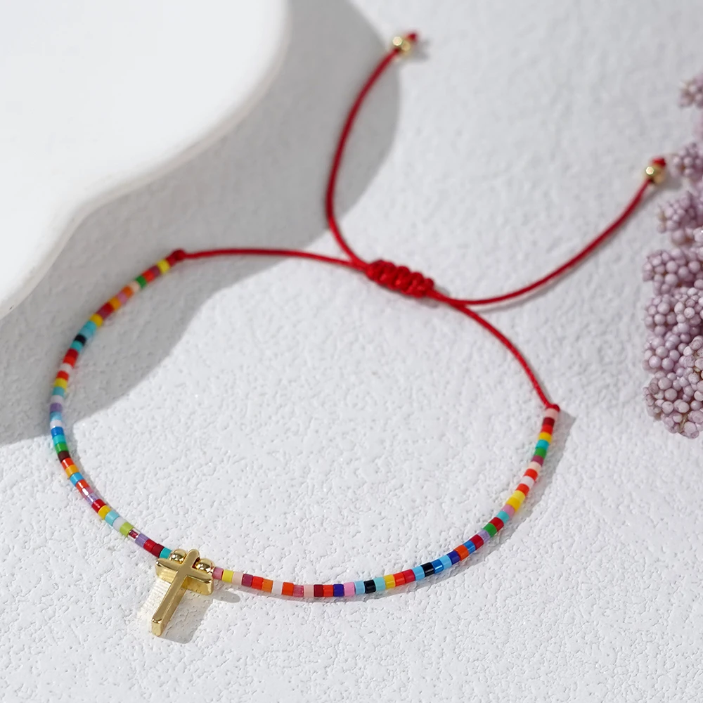 Go2boho 2024 Valentine's Day Trendy 18K Gold Plated Multi Colorful Beaded Jewelry Golden Cross Pendant Bracelets for Women Gift