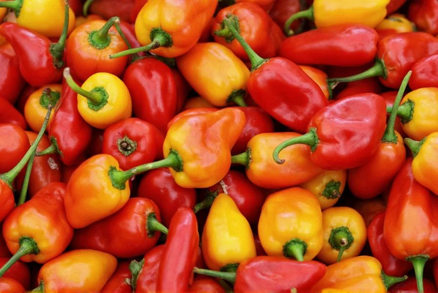 Assortment of zephyr chili peppers in various stages of color maturity