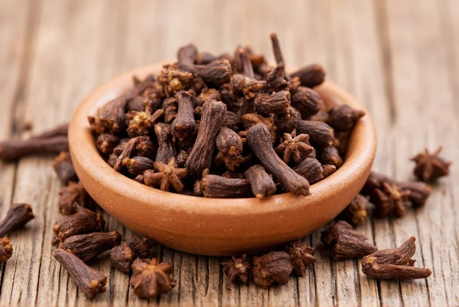 Ganze Gewürznelken und gemahlene Nelken neben Messlöffeln angeordnet