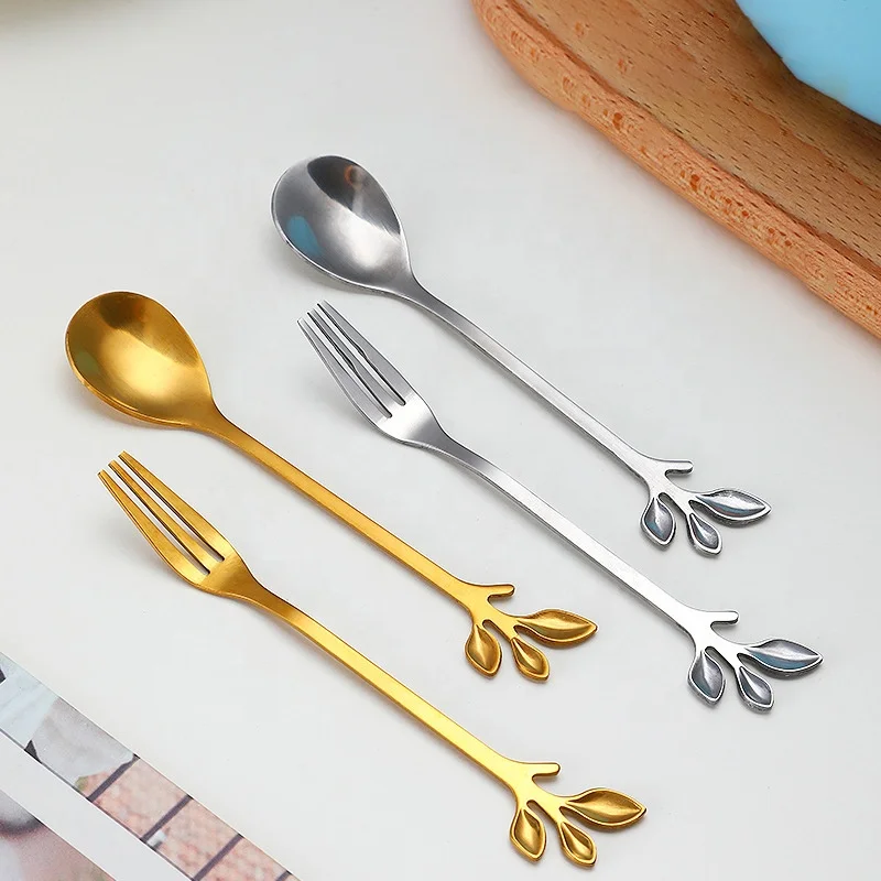 

New Products Creative Eco friendly Nordic style leaf small fork coffee gold spoon stainless steel flatware set, Silvery