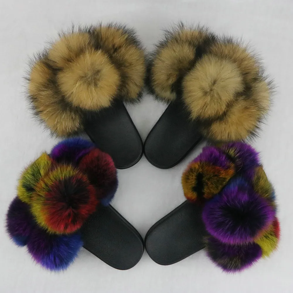 

Wholesale custom colorful fur slippers real raccoon fur sandals PVC women shoes for Summer