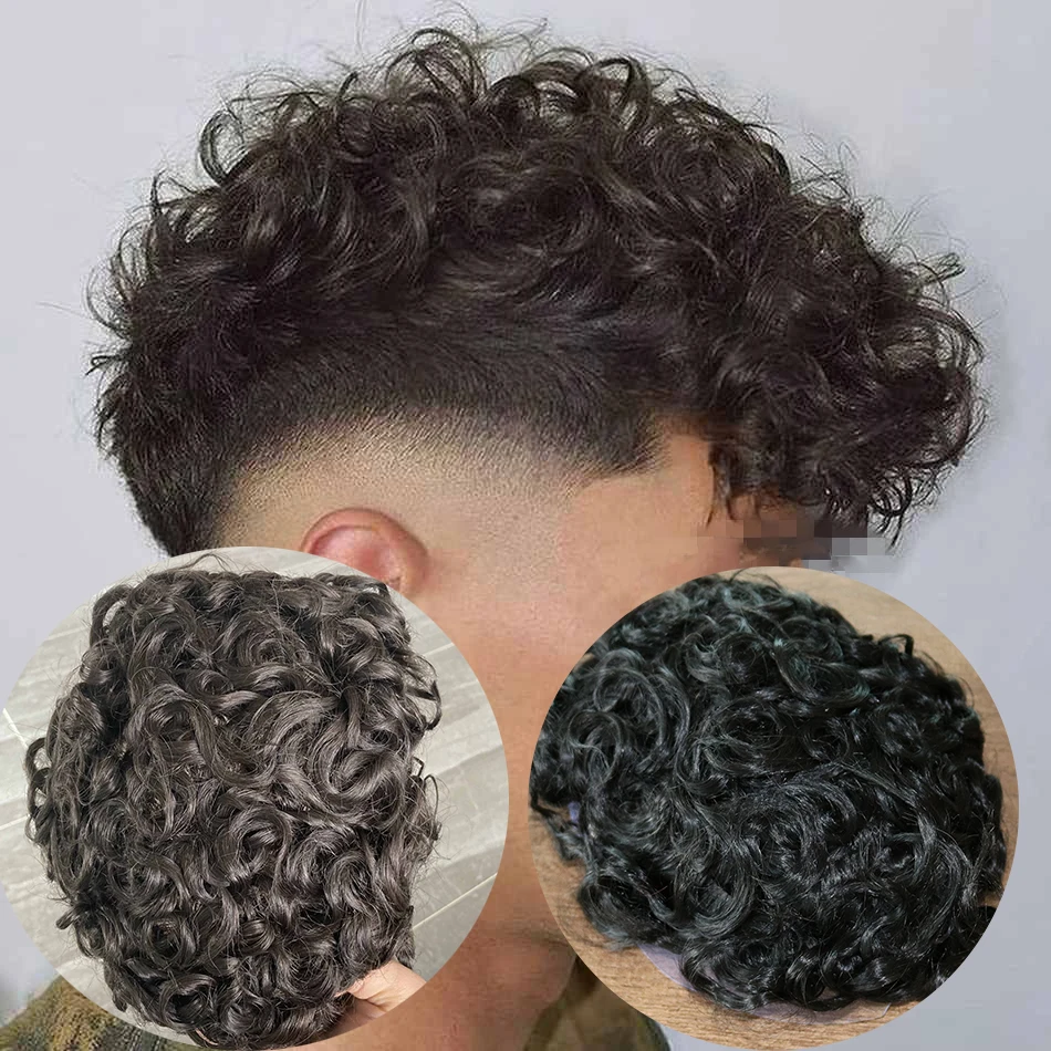 

Curly Human Hair Full Poly Base Injection Toupee for Men Black and Brown Color In Stock Ready to Ship Hair Replacement System