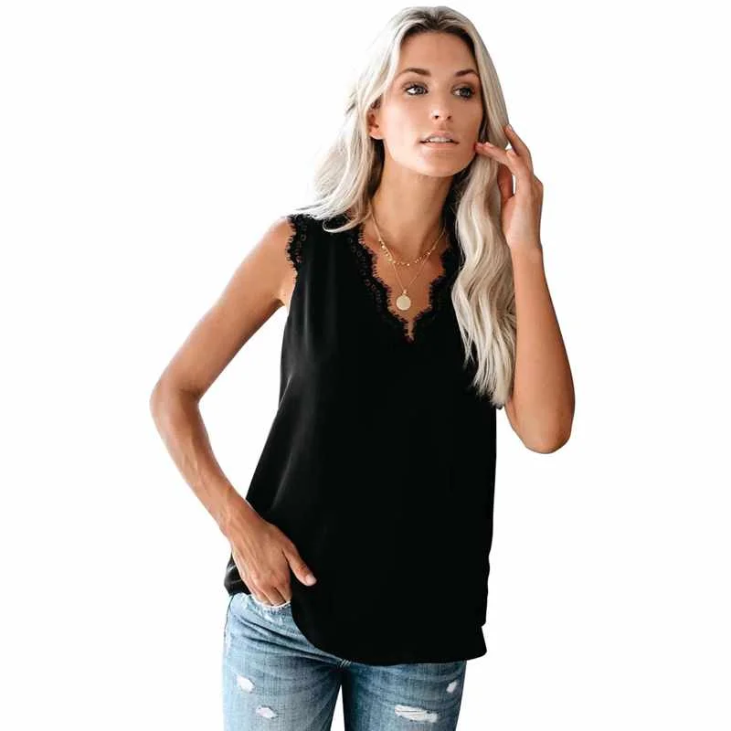 

Women Casual Black Sleeveless Eyelash Lace Patchwork V Neck Tank Top