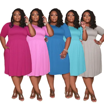 

Women empire popular model fashionable dress for fat women plus size summer 2021 womens maxi dress O neck short sleeve loose