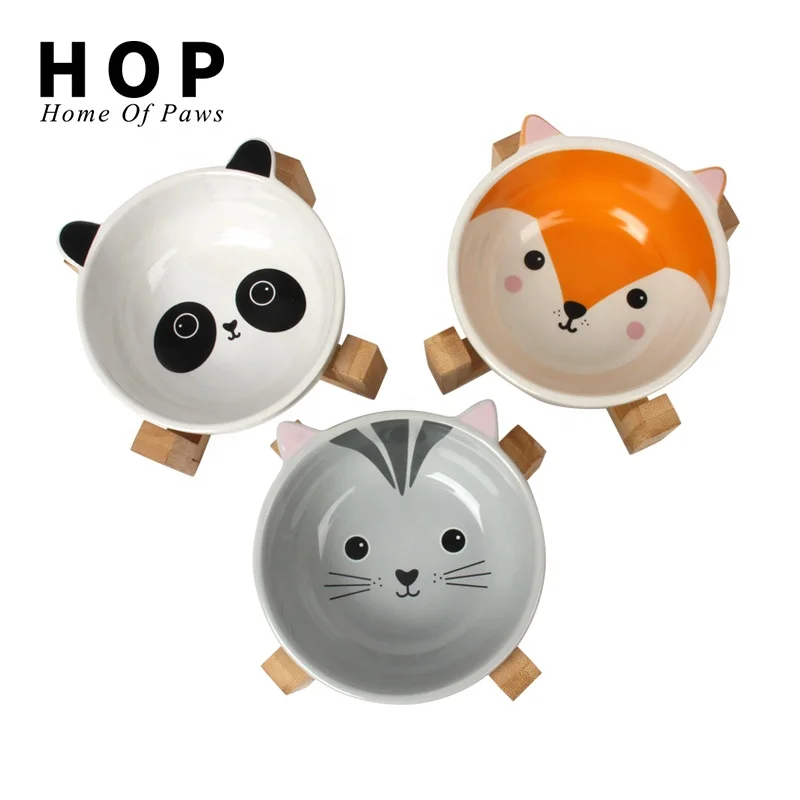 

Factory Wholesale Cartoon Style Ceramic Pet Cat Dog Food Bowl With Stand