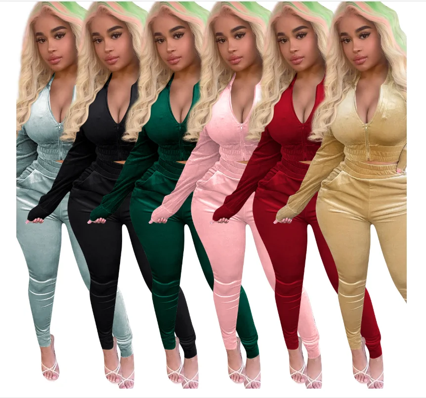 

Foma NK185 Hot selling 2020 pleuche with zipper long sleeves sweatpants women sets two piece, As picture