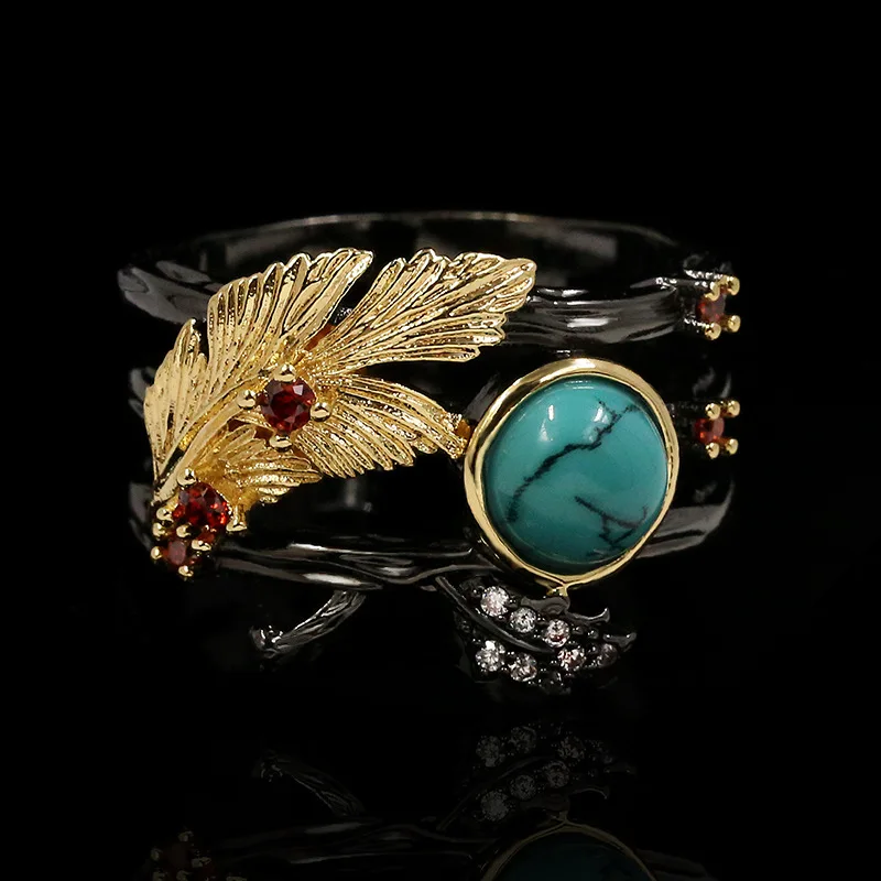 

Fashion Jewelry KYRA01183 Antique Gold Plated Turquoise Ring for women, Black