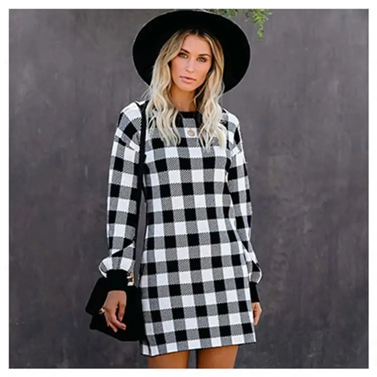 

New Trendy Fashionable Long Sleeve Casual Dress Women V-Neck Plaid Knit Dresses Women Lady Elegant