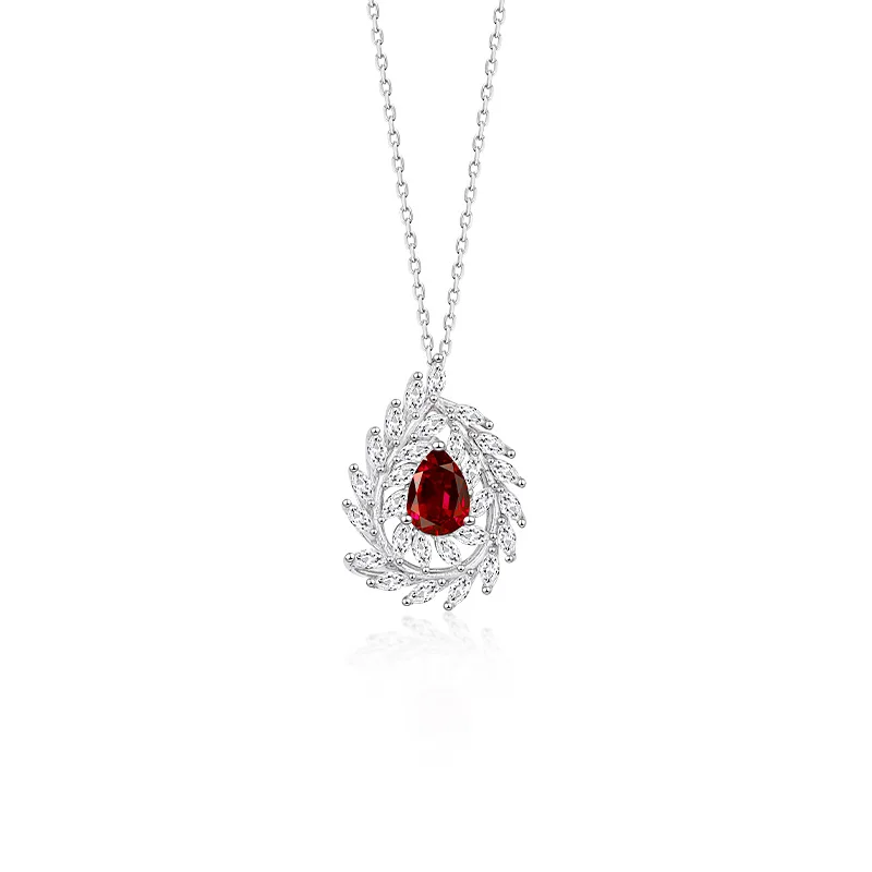 

Custom Design Red Gemstone Jewelry 925 Sterling Silver Leaf Shape Pear Cut Garnet Pendant Necklace for Women