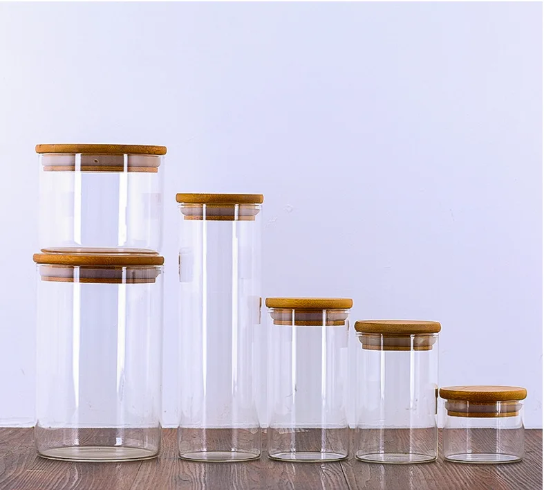 

storage airtight borosilicate glass jars with bamboo lid glass storage bottle 550ml, Transparent