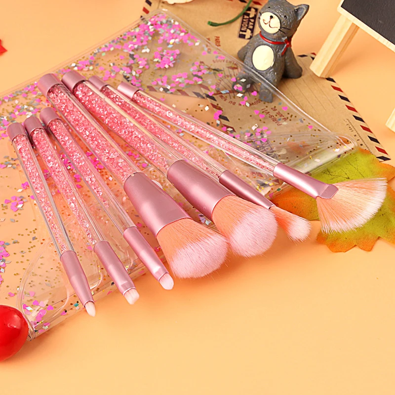 

7pcs pink glitter filling solid diamond fan makeup brush set with quicksand bag, Multi colors