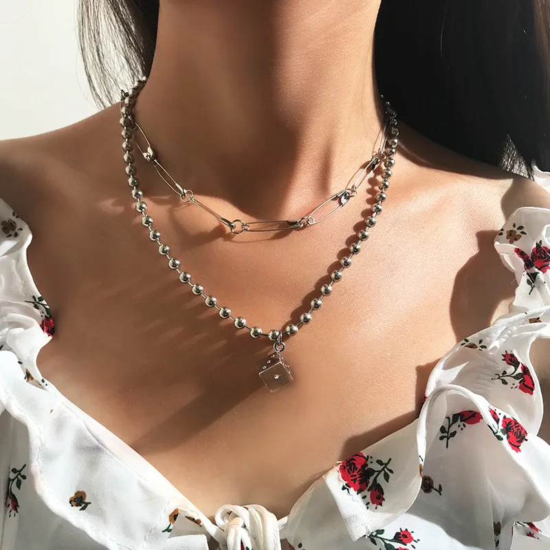 

Exaggerated Punk Metal Chain Necklace Creative Pin Dice Pendant Multilayer Necklace for Women Charm Necklace (KNK5136), Silver, gold