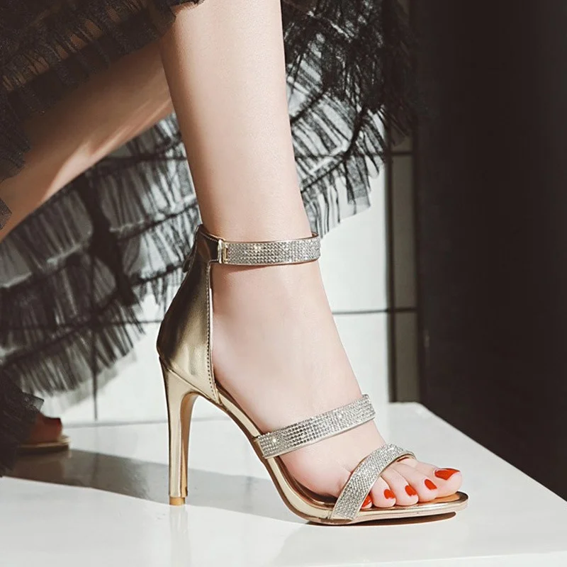 

2021 Hot Sale Summer Pumps Ankle Buckle Lady Dress Shoes Sexy Open Toe Stiletto Glitter Diamond Women Sandals, Black silver gold white
