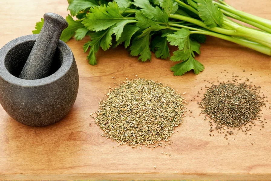 Homemade celery seed substitute blend ingredients arranged on wooden cutting board with mortar and pestle