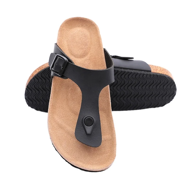 

High quality wholesale men's lace up cork sole cow leather foot bed slippers flip flops plus size women's shoes