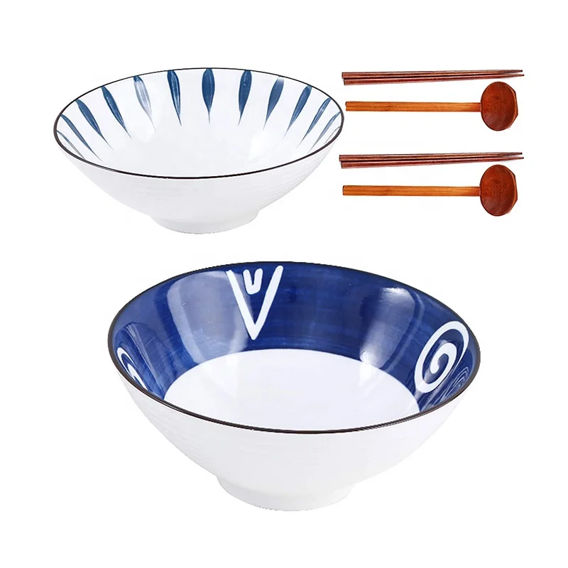 

Ceramic Japanese Ramen Bowl Set 60oz Large Ramen Bowls with Chopsticks Spoons and Chopstick Rests Bowl for Ramen Pho Salad Poke, Customized color