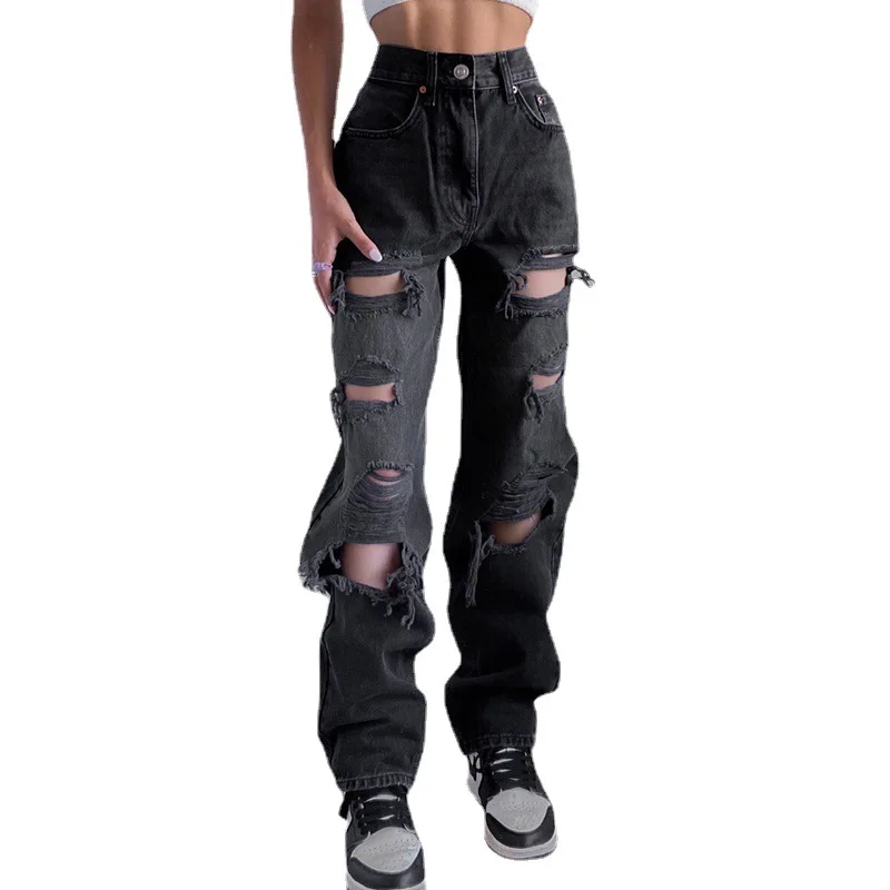 

Vintage Ripped Hole Jeans Women Baggy Cut Out High Waist Denim Pants Summer Korean y2k Streetwear Fashion Straight Jeans