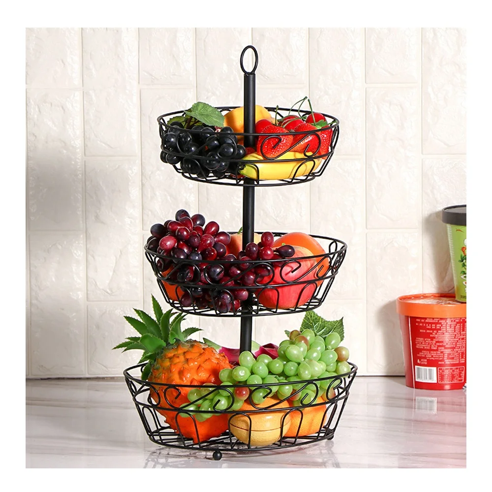 

JX- Simple Houseware 3 Tier Fruit and Snacks Bowl Metal Wire Basket Countertop Vegetable Organizer Storage Basket, Black