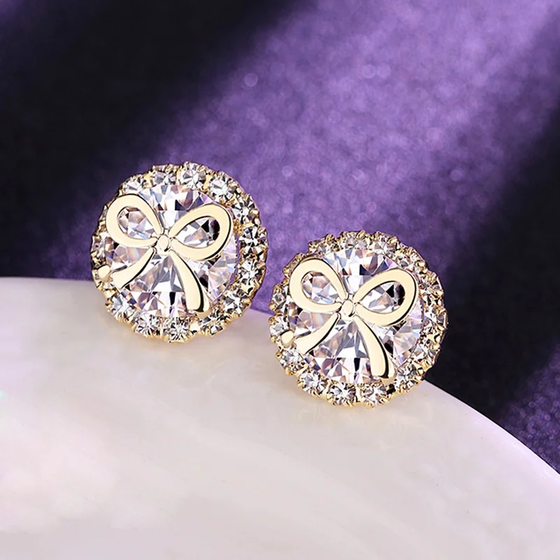 

Vintage Fashion Gold Color Bowknot Stud Earrings For Women Filled White Zircon Earring Minimalist Jewelry