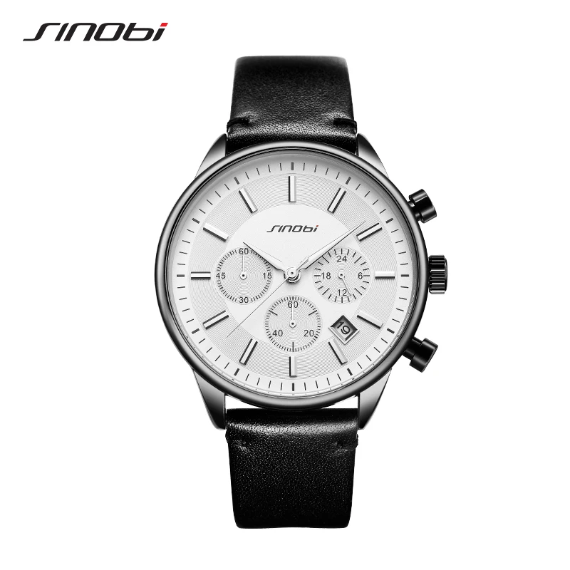 

Black Geunine Leather SINOBI Business Casual Gentleman Quartz Watch Simple Style Versatile Montre Homme S9797G, White