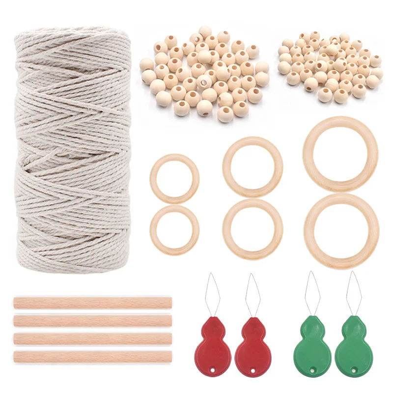 

Custom Macrame Kit DIY 109yards 3MM 100% Natural Macrame Cord Cotton Rope Wooden Beads Rings For DIY Plant Hangers Home Decor, As picture