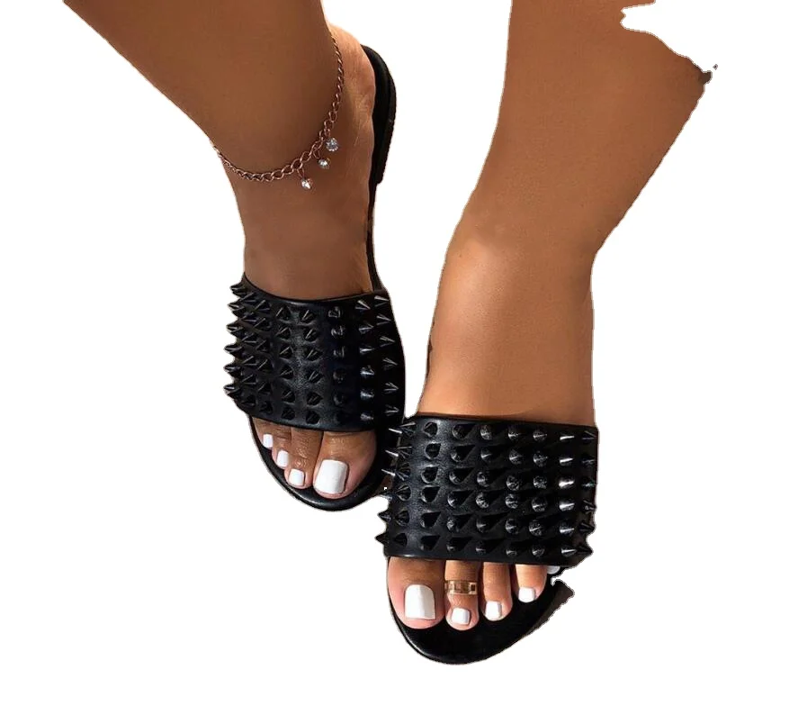 

Women Sandals Flip Flops Rivet Cut Out Ladies Flat Form Sandals Outdoor Holiday Slides ladies slippers women sandals, As shown in figure