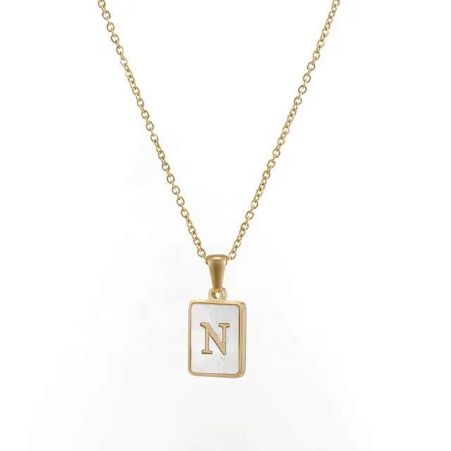 

Fashion Dainty Girls Jewelry Stainless Steel Gold 26 A-Z Initial Letter Square Sea Shell Pendant Necklace