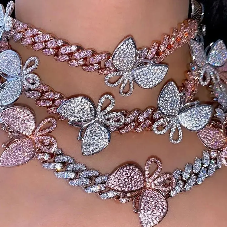 

2021 Fashion Unique Design Women Hip Hop Bling Cuban Link Icy Pink Butterfly Chocker Necklace