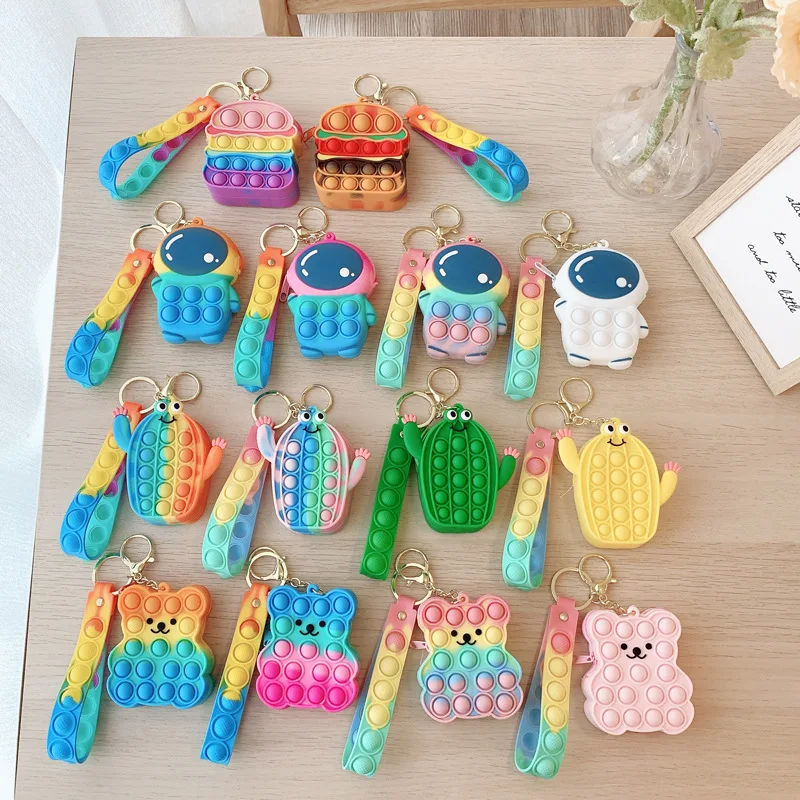

Wholesale Rainbow Gift Fitget Sensory Toy Keychain Simple Push Bubble Cute Silicone cartoon pop it coin purse For Little Girl, 14 colors