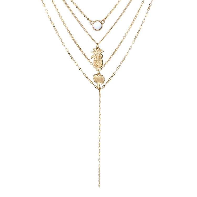 

Hot Selling Gold Plated Jewelry Layered Pendant Bohemian fashion pineapple pendant necklace chain coconut tree chain necklace