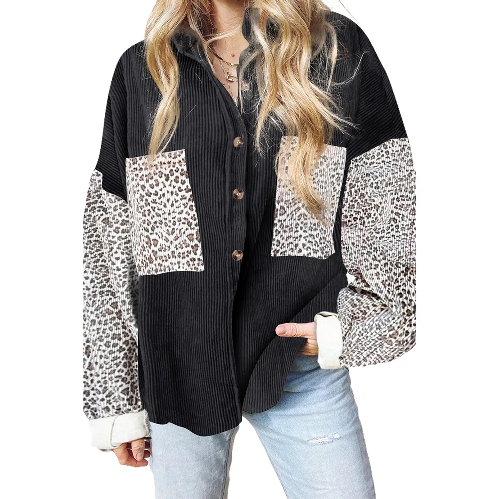 

2021 fall/winter new Amazon women's corduroy loose leopard casual shirt plus size women's blouses