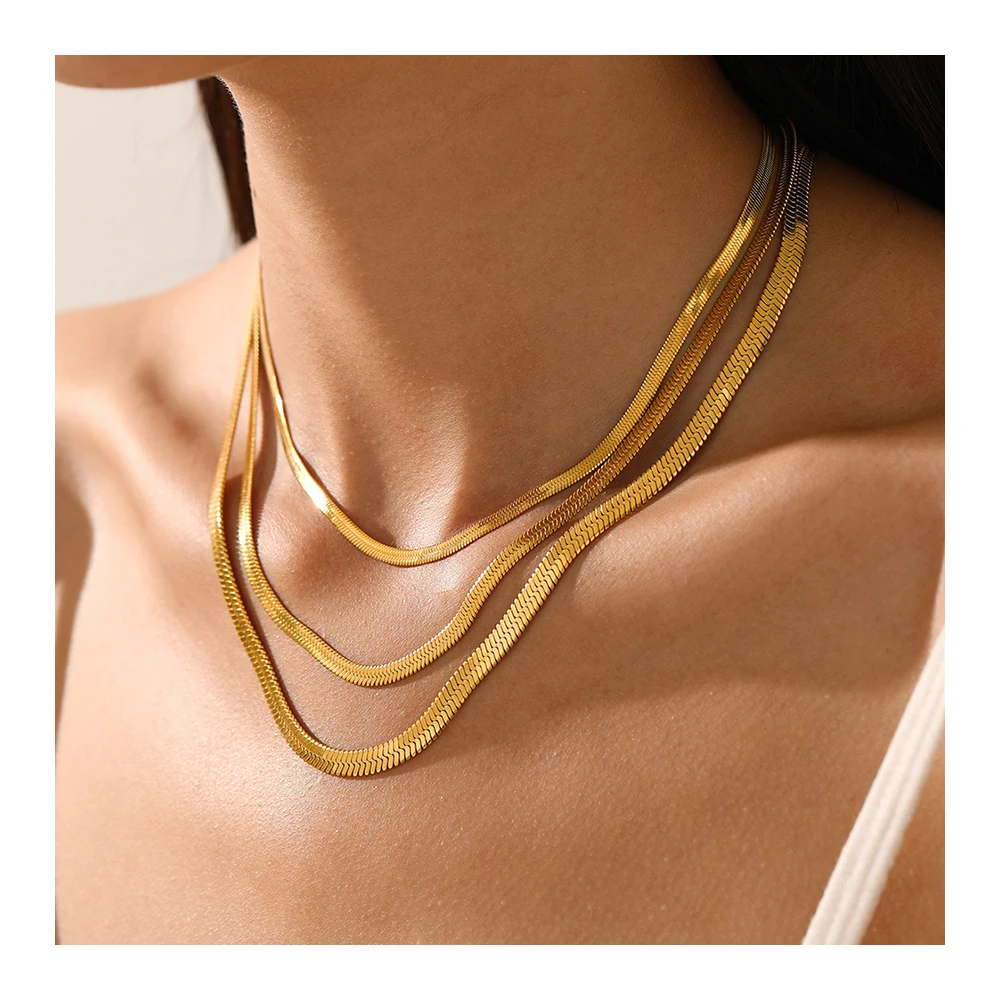 YF2944 Fashion Tarnish Free Jewelry 18k Gold Plated Stainless Steel Necklace Flat Snake Chain Clavicle Blade Necklace