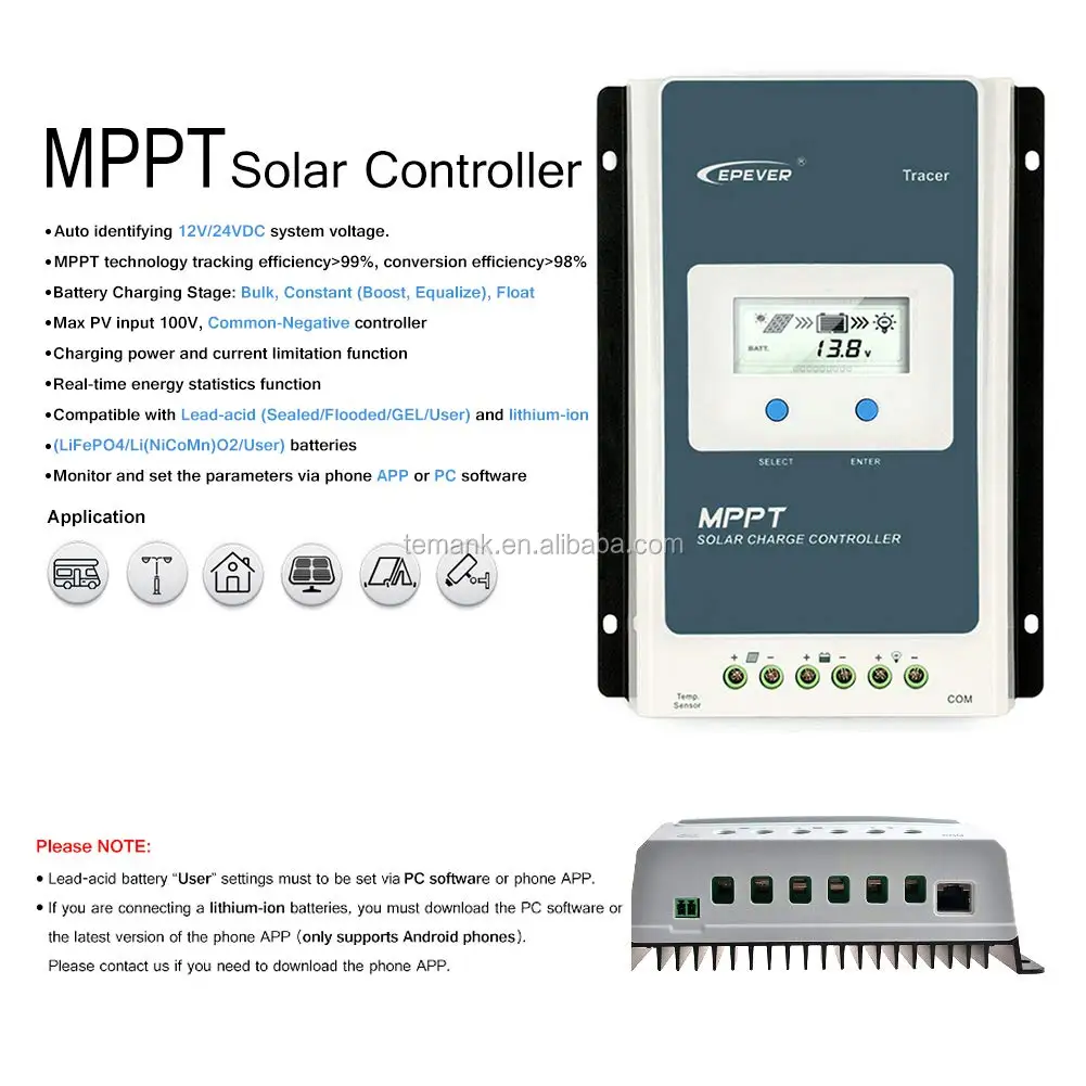 EPEVER 20/30/40A MPPT Solar Charge Controller Battery Regulator 12/24V Auto LCD 