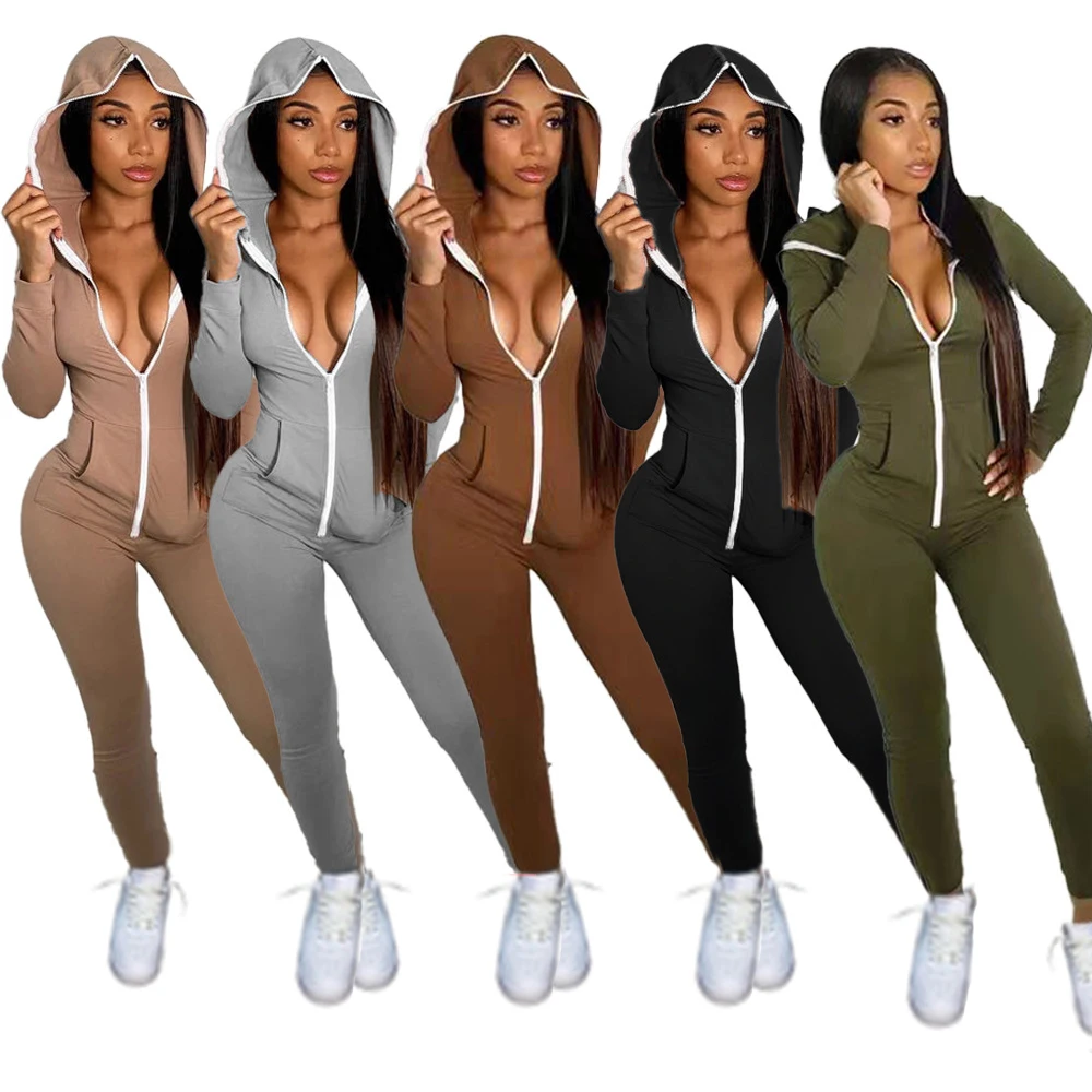 

2021 Autumn New Solid Color ZIpper Design Long Sleeve Fitness Hoodie Women Sports Jumpsuit, Customized color