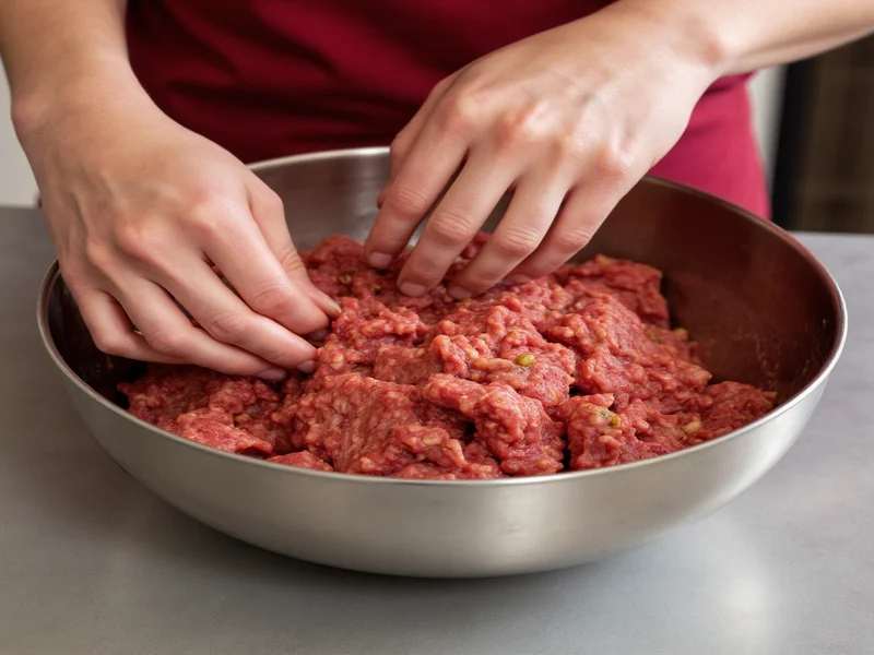 Hands gently folding meat mixture in stainless steel bowl