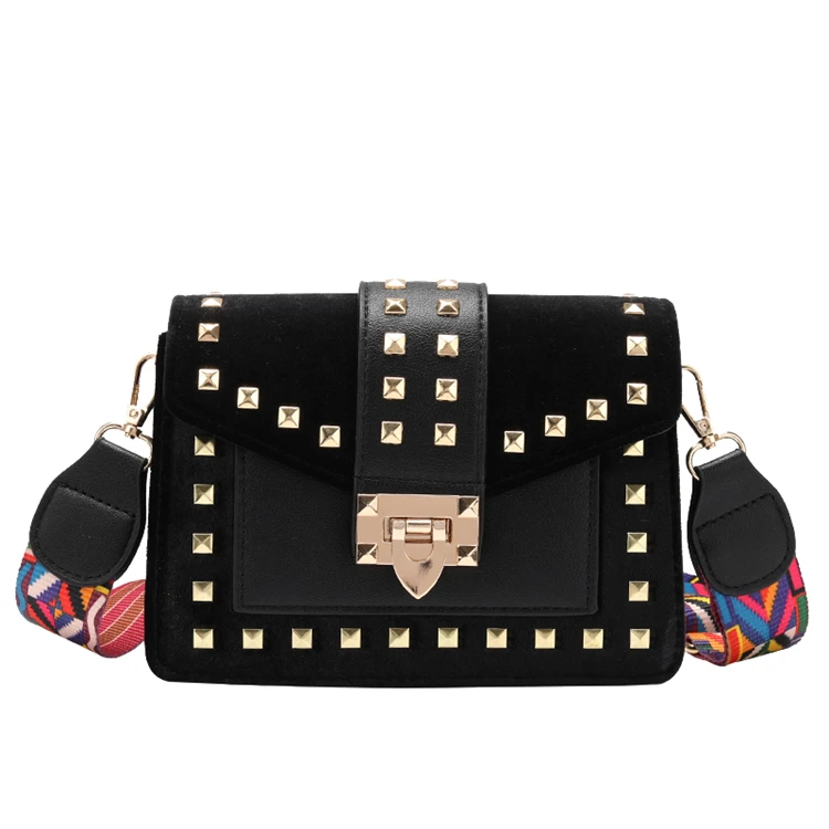 

fashion rivet handbag female studded messenger bag women new wide strap small square purse bag, Black, red, green